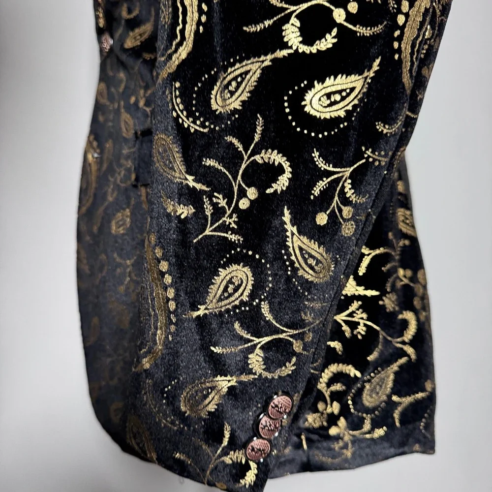 Asian Blazer Mens 38R Black Gold Paisley Metallic Velvet Formal‎ Tuxedo Jacket